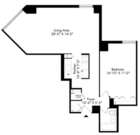 Floor plan for 1 bed, 1 bath, 731 sqft