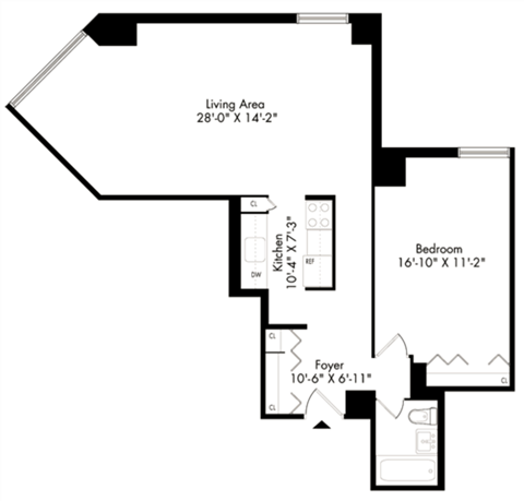 Floor plan for 1 bed, 1 bath, 740 sqft
