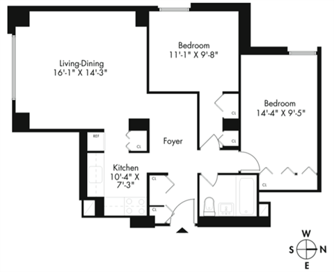 Floor plan for 2 beds, 1 bath, 812 sqft