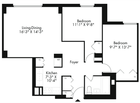 Floor plan for 2 beds, 1 bath, 820 sqft