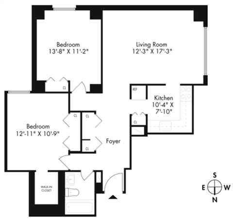 Floor plan for 2 beds, 1 bath, 875 sqft