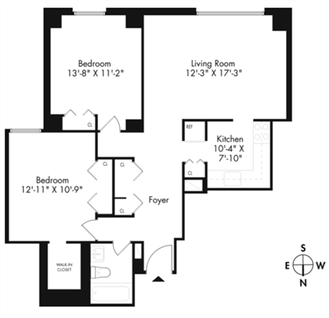 Floor plan for 2 beds, 1 bath, 875 sqft