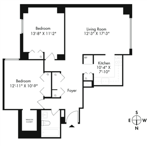 Floor plan for 2 beds, 1 bath, 875 sqft