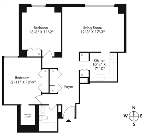 Floor plan for 2 beds, 1 bath, 877 sqft
