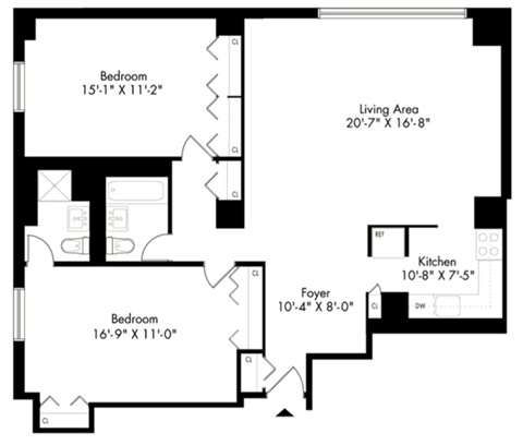 Floor plan for 2 beds, 2 baths, 997 sqft