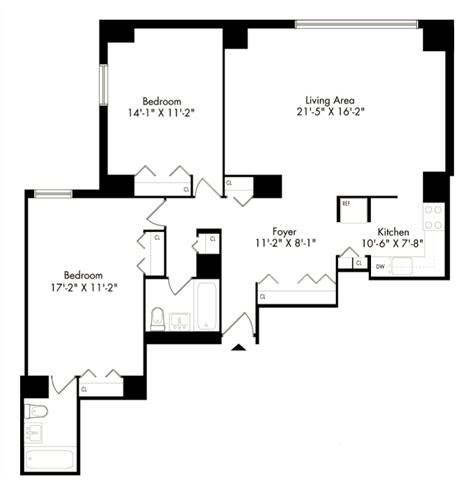 Floor plan for 2 beds, 2 baths, 1013 sqft