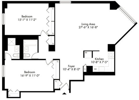 Floor plan for 2 beds, 2 baths, 1046 sqft