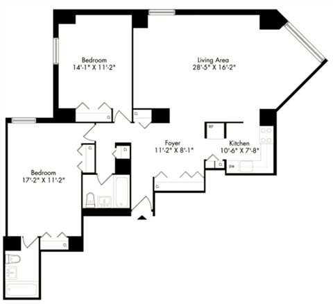 Floor plan for 2 beds, 2 baths, 1062 sqft