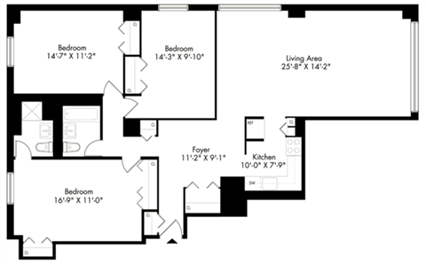 Floor plan for 3 beds, 2 baths, 1158 sqft
