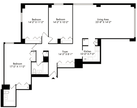 Floor plan for 3 beds, 2 baths, 1194 sqft