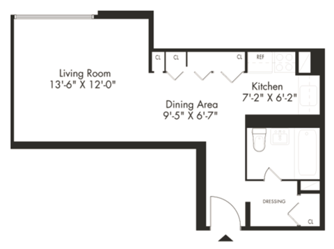 Floor plan for studio, 1 bath, 424 sqft