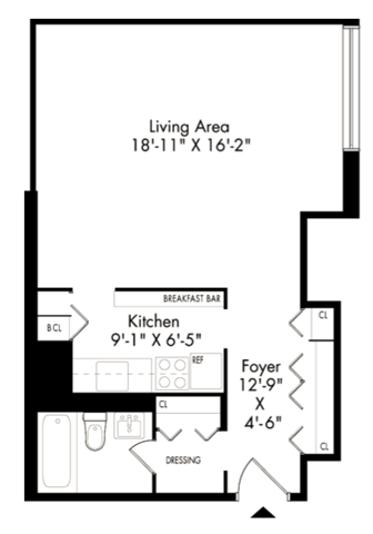 Floor plan for studio, 1 bath, 497 sqft