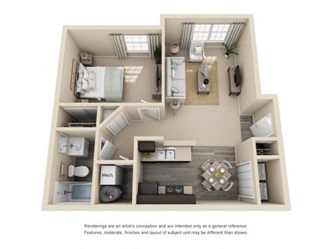 Floor plan for 1 bed, 1 bath, 841 sqft