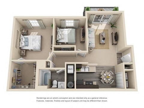 Floor plan for 2 beds, 1 bath, 936 sqft