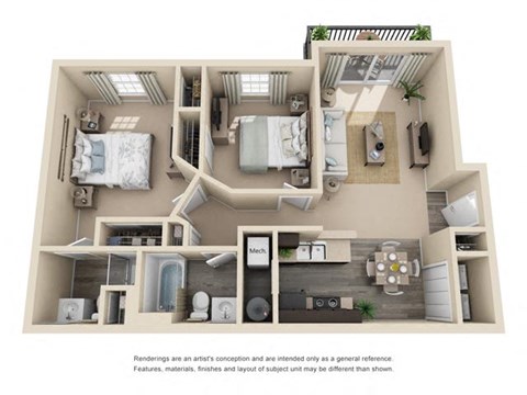 Floor plan for 2 beds, 2 baths, 916 sqft