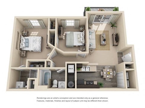 Floor plan for 2 beds, 2 baths, 1033 sqft