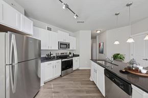 Woodstock apartment for rent - A modern kitchen with a stainless steel refrigerator and black countertops.