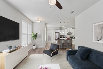 Woodstock apartment for rent - A living room with a black couch and a television on the wall.