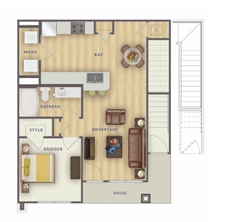 Floor plan for 1 bed, 1 bath, 735 sqft