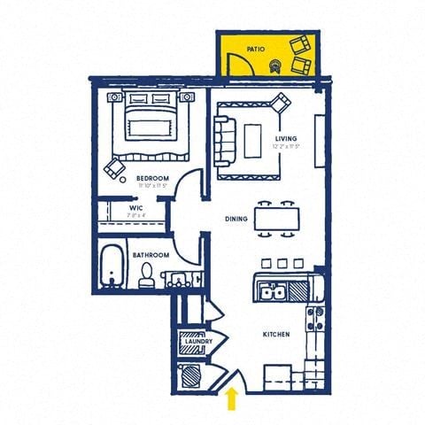 Floor plan for 1 bed, 1 bath, 689 sqft