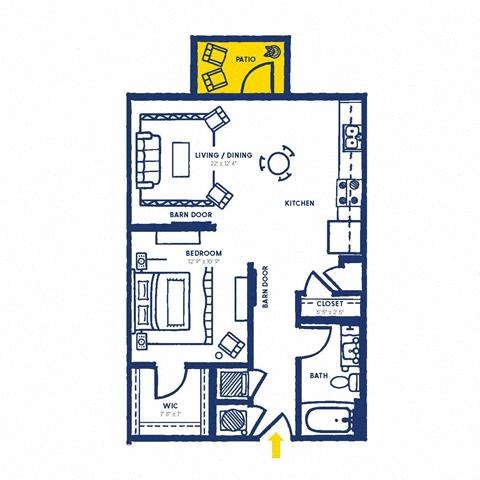 Floor plan for 1 bed, 1 bath, 704 sqft