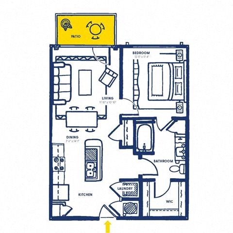 Floor plan for 1 bed, 1 bath, 720 sqft