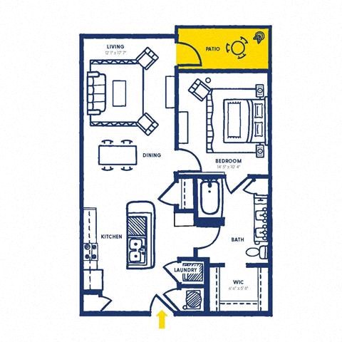 Floor plan for 1 bed, 1 bath, 789 sqft