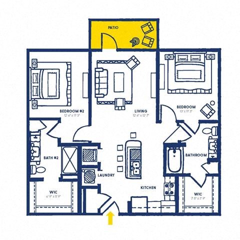 Floor plan for 2 beds, 2 baths, 1050 sqft
