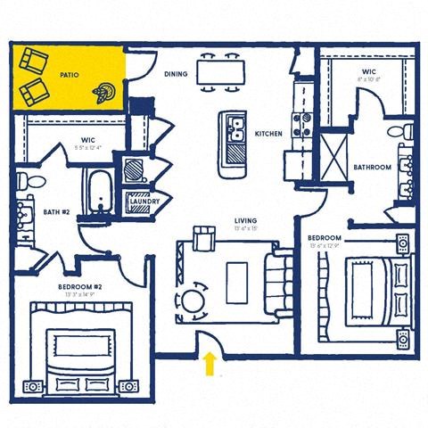 Floor plan for 2 beds, 2 baths, 1353 sqft