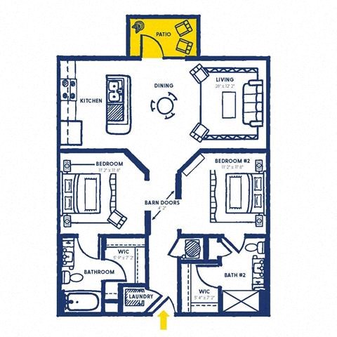 Floor plan for 2 beds, 2 baths, 952 sqft