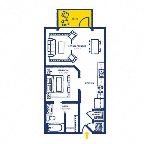 Floor plan for 1 bed, 1 bath, 560 sqft