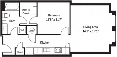 Floor plan for 1 bed, 1 bath, 763 sqft