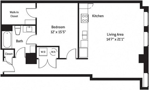Floor plan for 1 bed, 1 bath, 884 sqft
