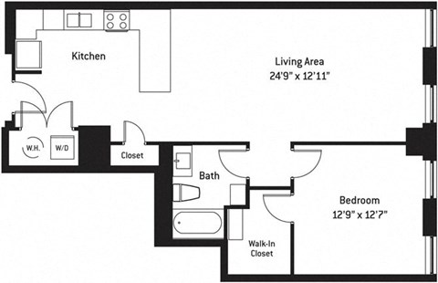 Floor plan for 1 bed, 1 bath, 916 sqft