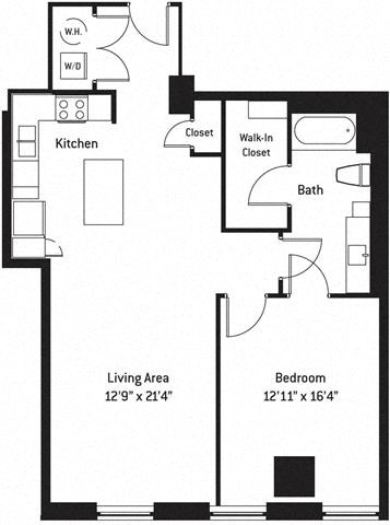 Floor plan for 1 bed, 1 bath, 952 sqft