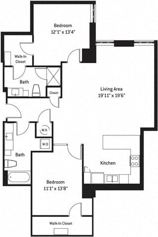 Floor plan for 2 beds, 2 baths, 1262 sqft