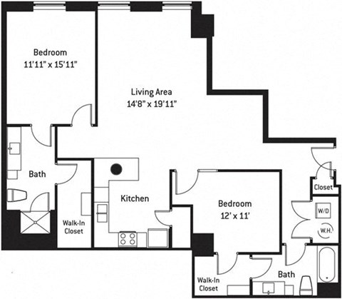 Floor plan for 2 beds, 2 baths, 1326 sqft
