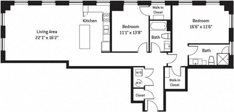 Floor plan for 2 beds, 2 baths, 1457 sqft