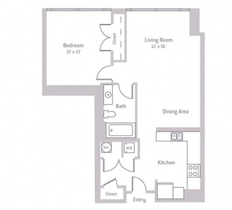 Floor plan for 1 bed, 1 bath, 708 sqft