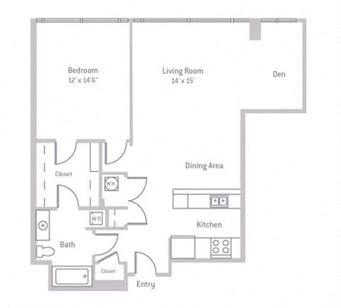 Floor plan for 1 bed, 1 bath, 917 sqft