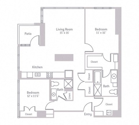 Floor plan for 2 beds, 2 baths, 1257 sqft