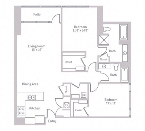 Floor plan for 2 beds, 2 baths, 1270 sqft
