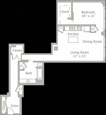 Floor plan for 1 bed, 1 bath, 1147 sqft