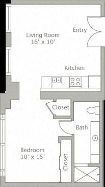 Floor plan for 1 bed, 1 bath, 570 sqft