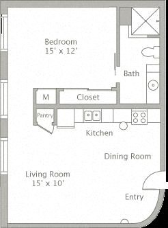 Floor plan for 1 bed, 1 bath, 707 sqft