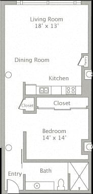 Floor plan for 1 bed, 1 bath, 734 sqft