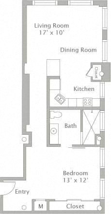 Floor plan for 1 bed, 1 bath, 828 sqft