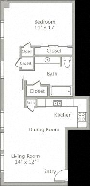 Floor plan for 1 bed, 1 bath, 847 sqft