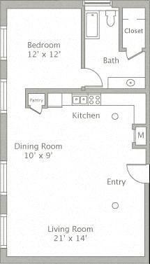 Floor plan for 1 bed, 1 bath, 899 sqft