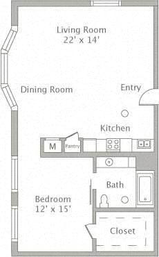 Floor plan for 1 bed, 1 bath, 905 sqft